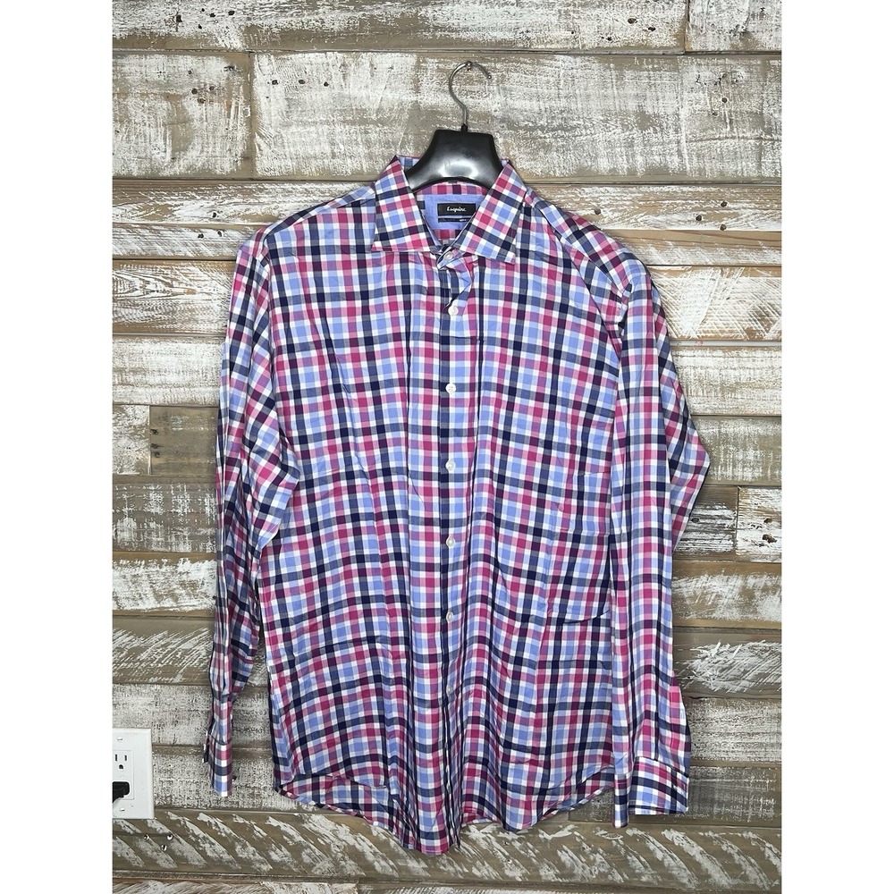 Esquire Mens Long Sleeve Collared Plaid Slim Fit Non Iron DesignerDress Shirt XL
